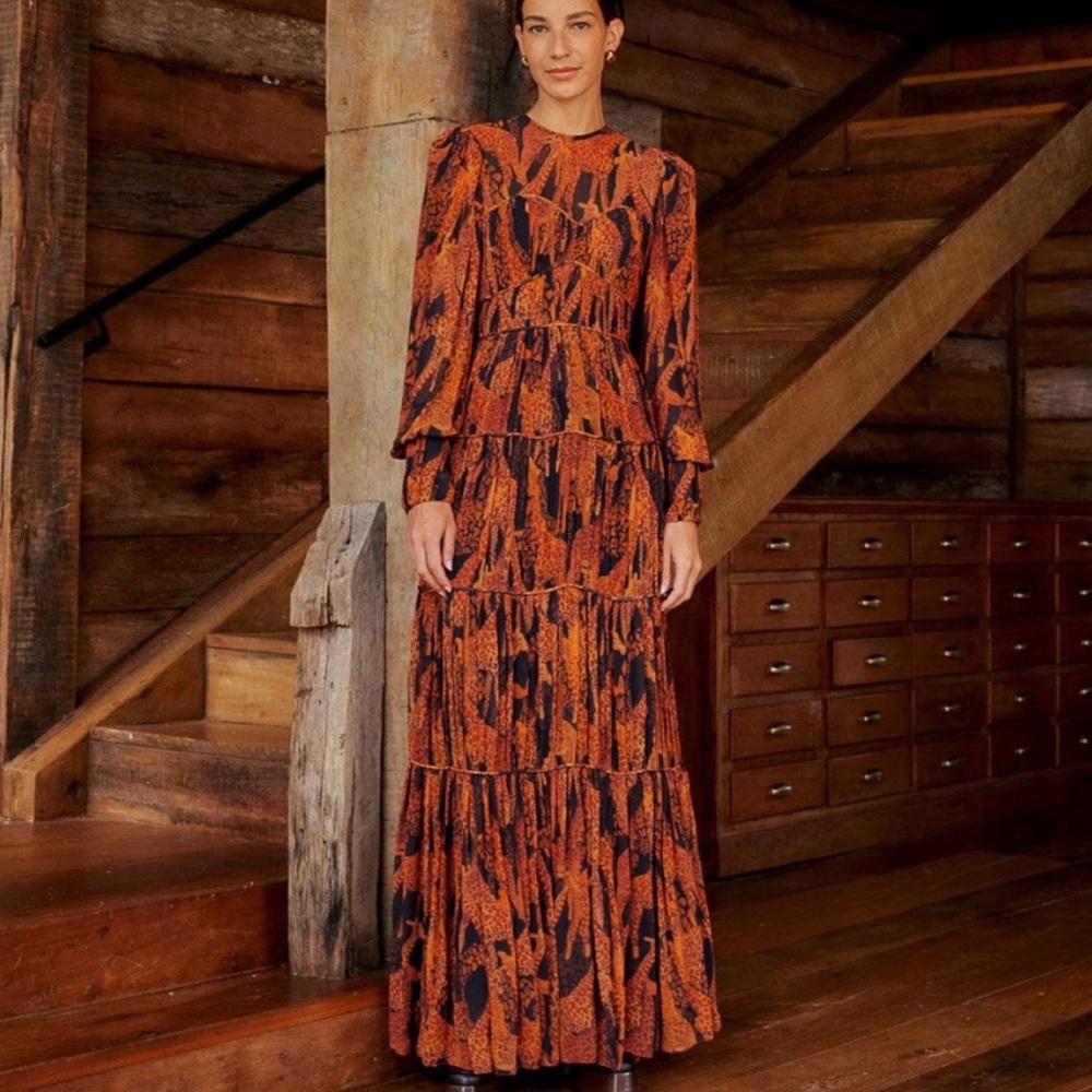 FARM Rio Giraffe Orange and Black Long Sleeve Dress